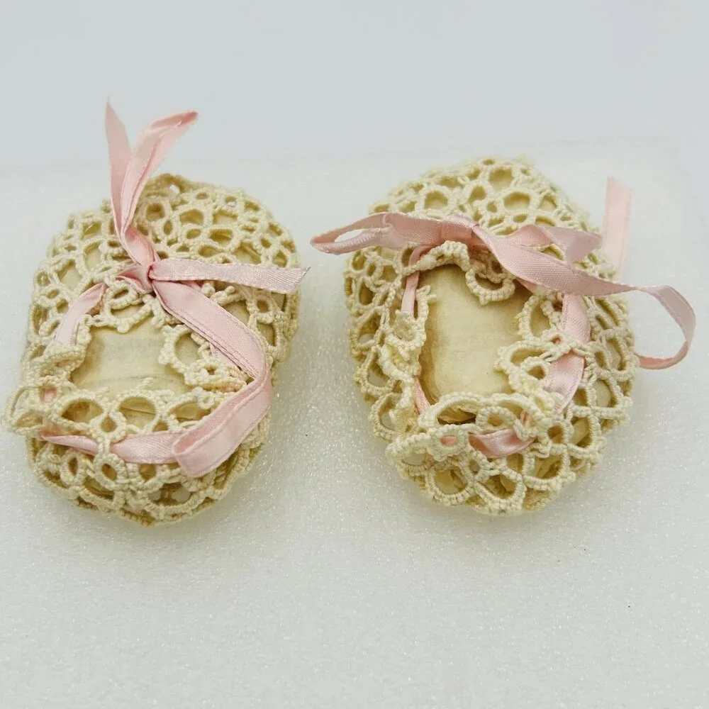 Vintage 1920's Ivory Crochet Baby Shoes Pink Satin Ribbon